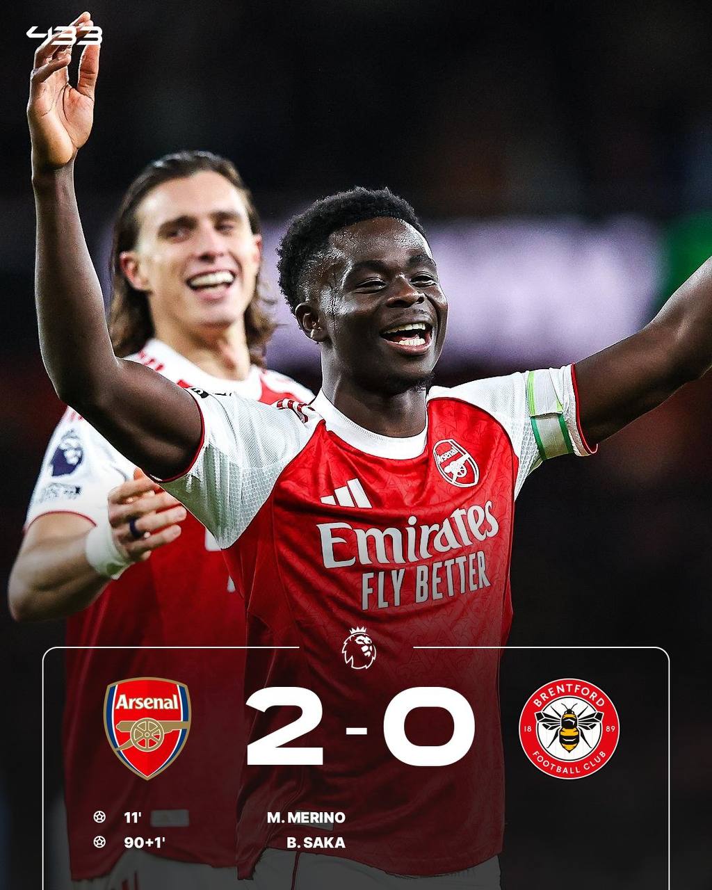 NEW: Arsenal clinches 2-0 victory of Brentford